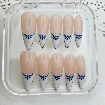 Handmade Blue White Talavera Tile Mexico French Tip Press on Nails U60