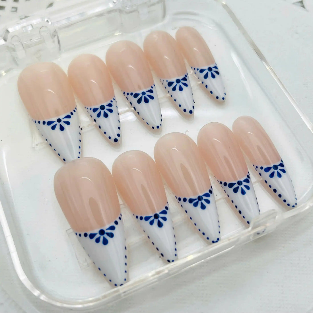 Handmade Blue White Talavera Tile Mexico French Tip Press on Nails U60