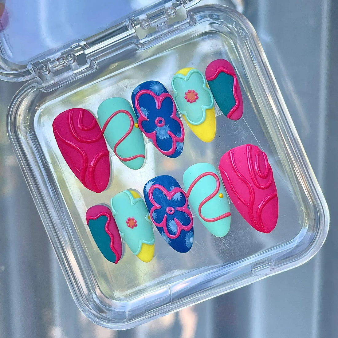 Handmade Bright Pink Blue Yellow 3D Floral Fun Press on Nails Z47