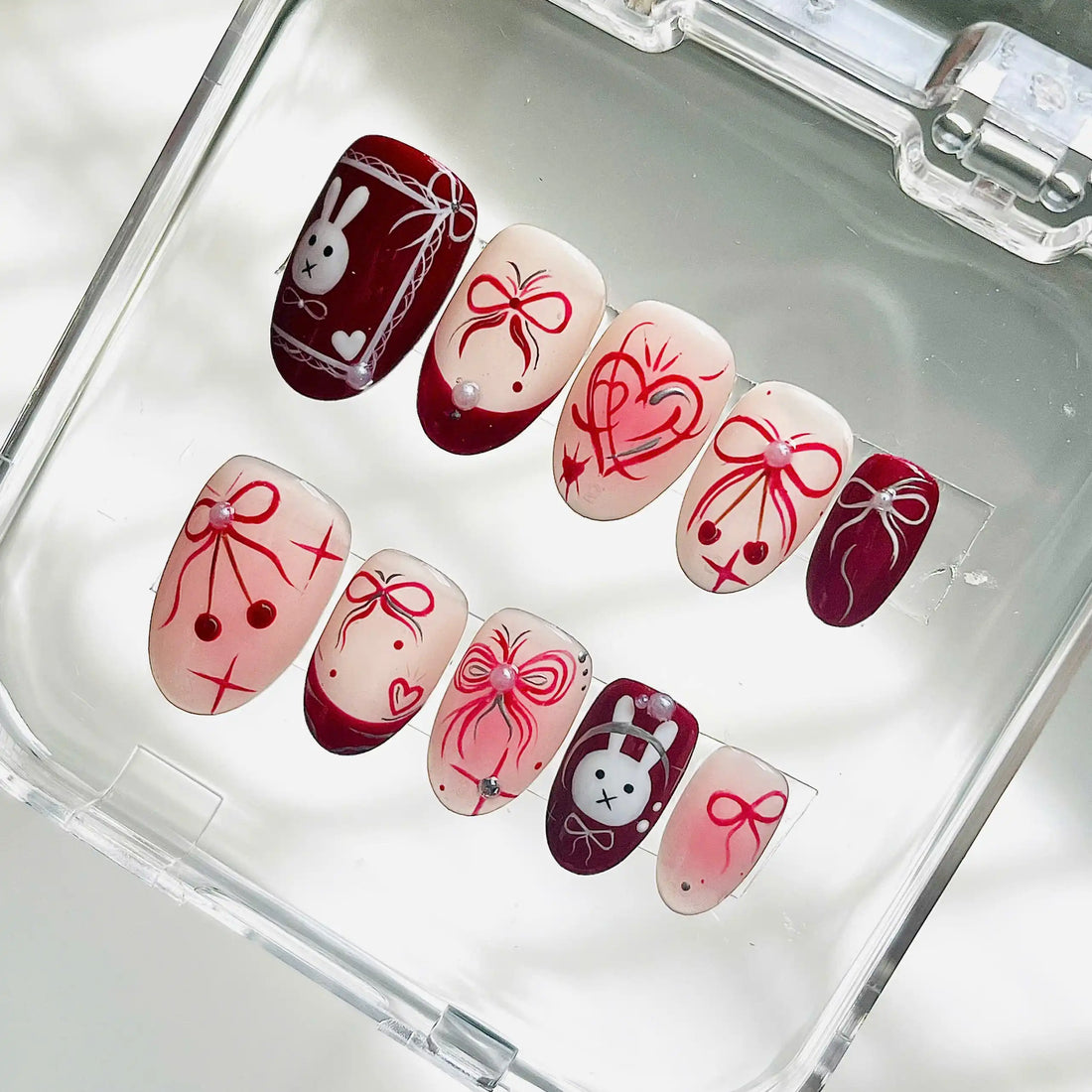 Handmade Bunny Bow Heart Red Cute Romantic Press on Nails Y58