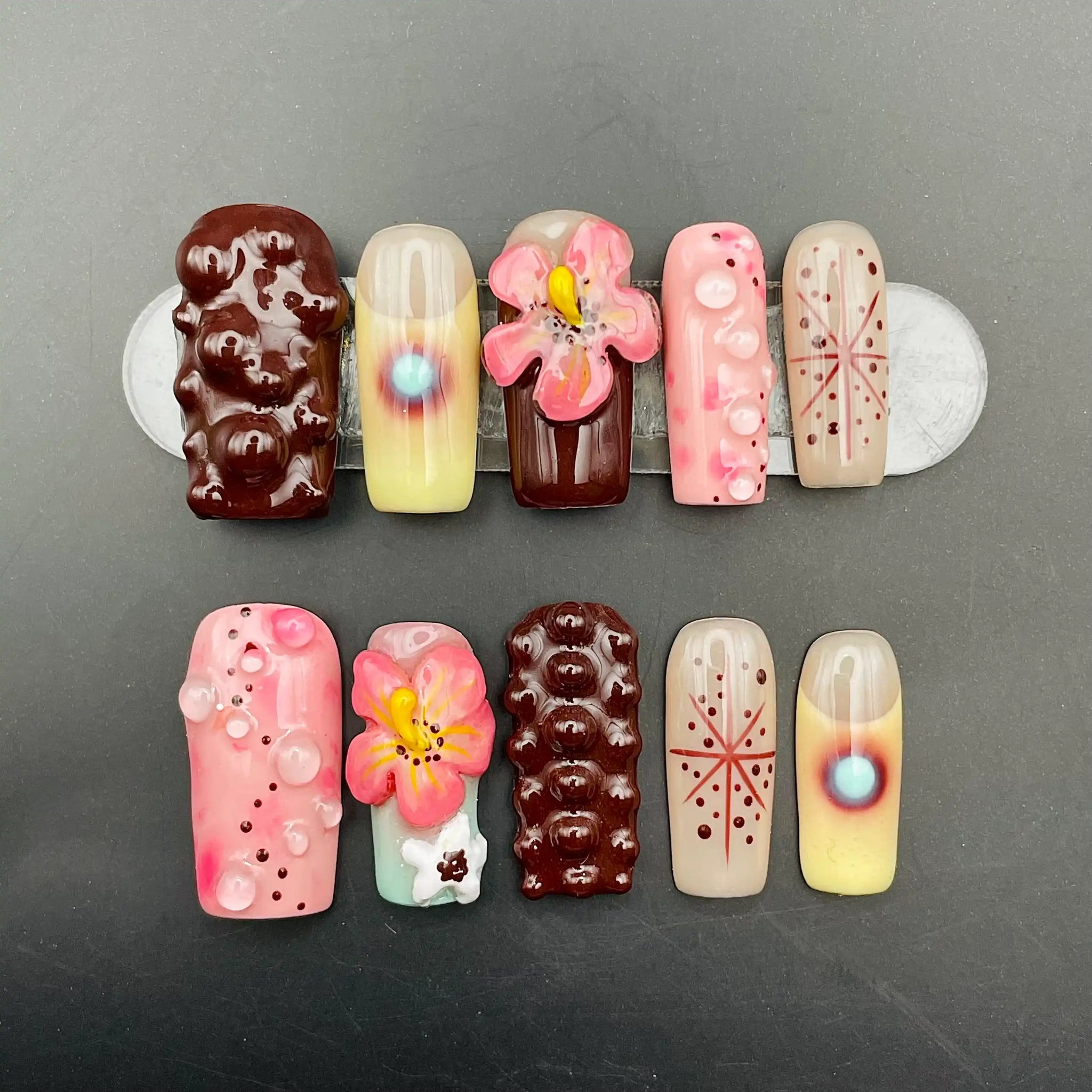 Handmade Chocolate Candy 3D Floral Bubble Unique Press on Nails Z60