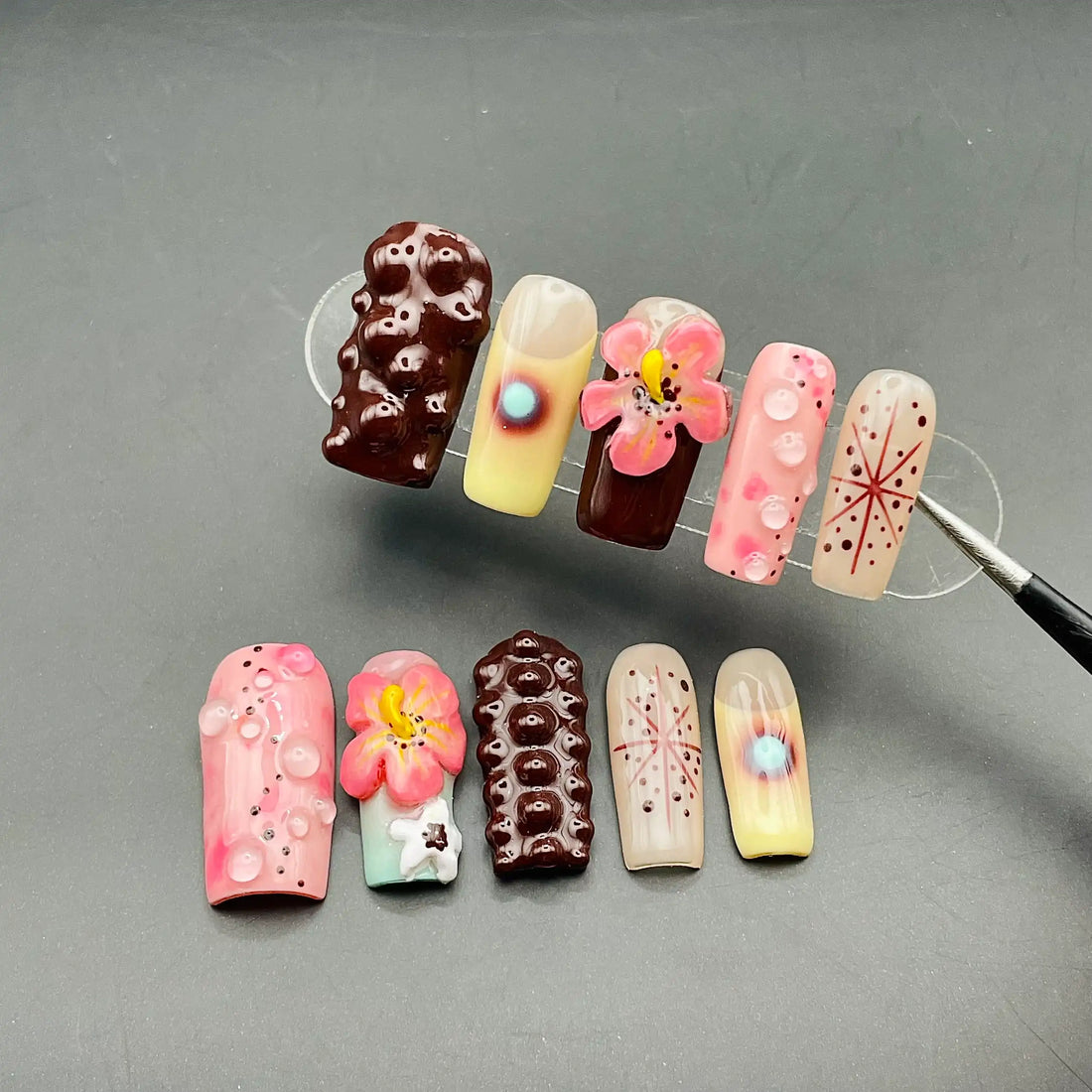Handmade Chocolate Candy 3D Floral Bubble Unique Press on Nails Z60
