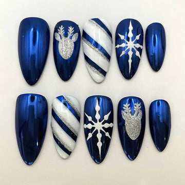 Handmade Christmas Blue Reindeer Snowflake Glitter Press on Nails T92