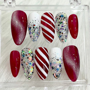 Handmade Christmas Candy Cane Glitter Red White Press on Nails Q69