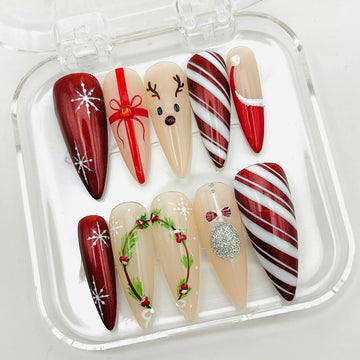 Handmade Christmas Candy Cane Reindeer Gift Wreath Festive Press on Nails S25