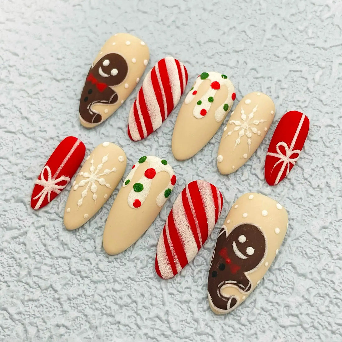 Handmade Christmas Gingerbread Candy Cane Snowflake Press on Nails G28