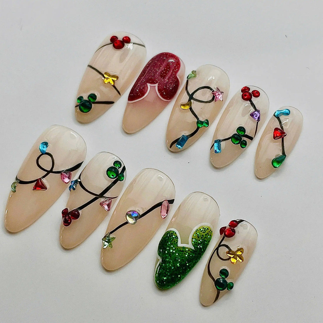 Handmade Christmas Lights Colorful Glitter Festive Press on Nails C10