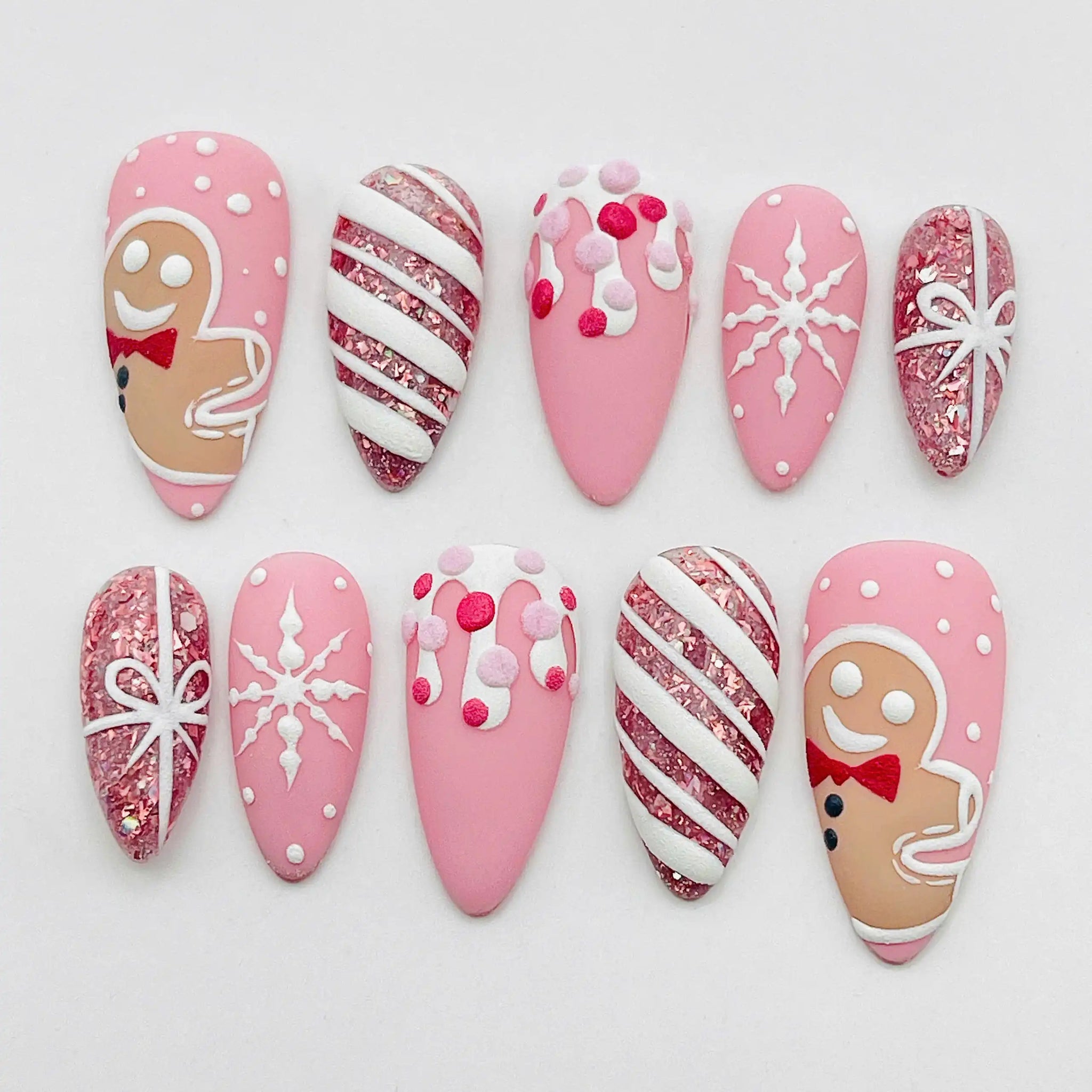 Handmade Christmas Pink Gingerbread Candy Cane Snowflake Press on Nails B59