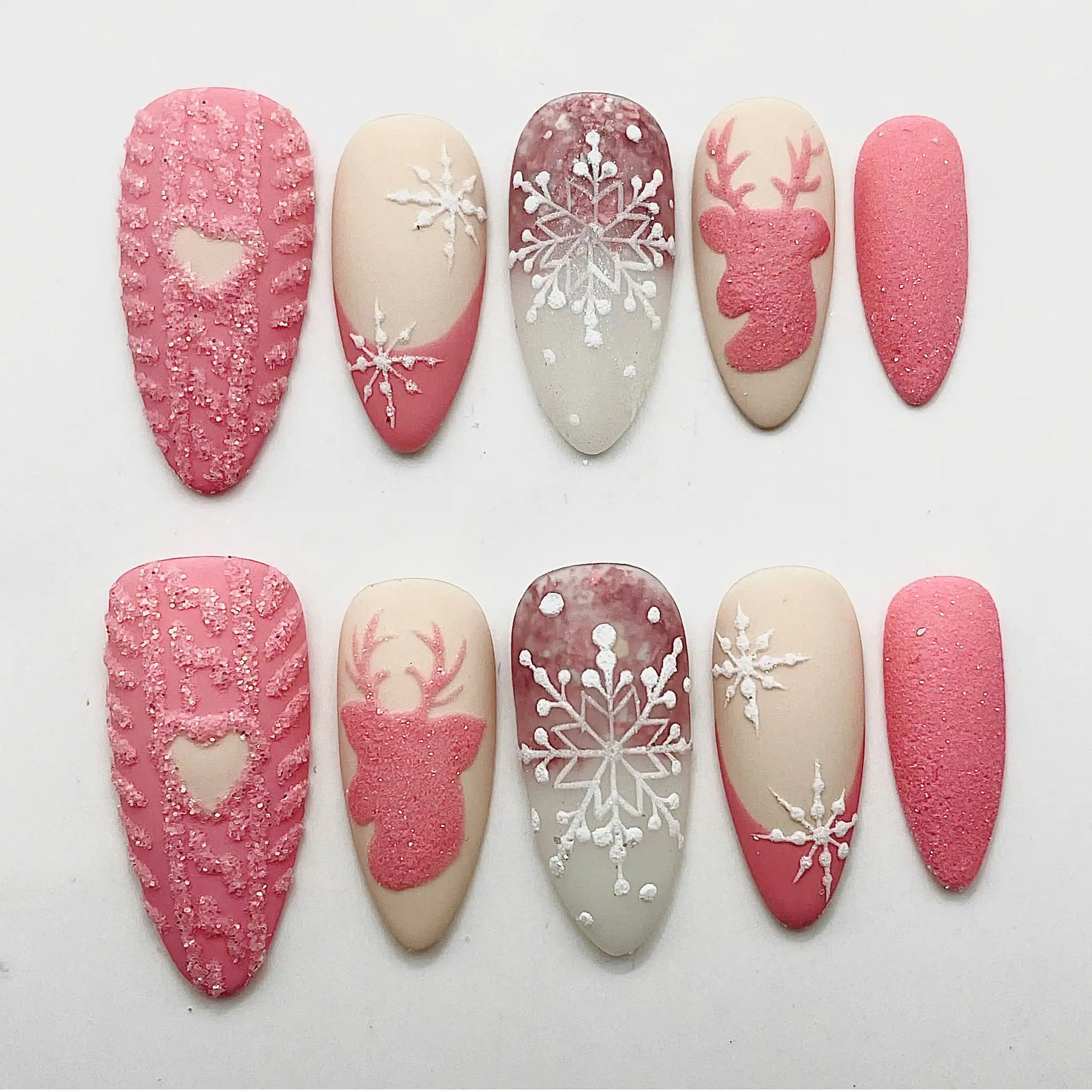 Handmade Christmas Pink Reindeer Snowflake Winter Press on Nails T60
