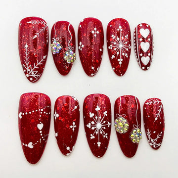 Handmade Christmas Red Glitter Snowflake Rhinestone Press on Nails E11