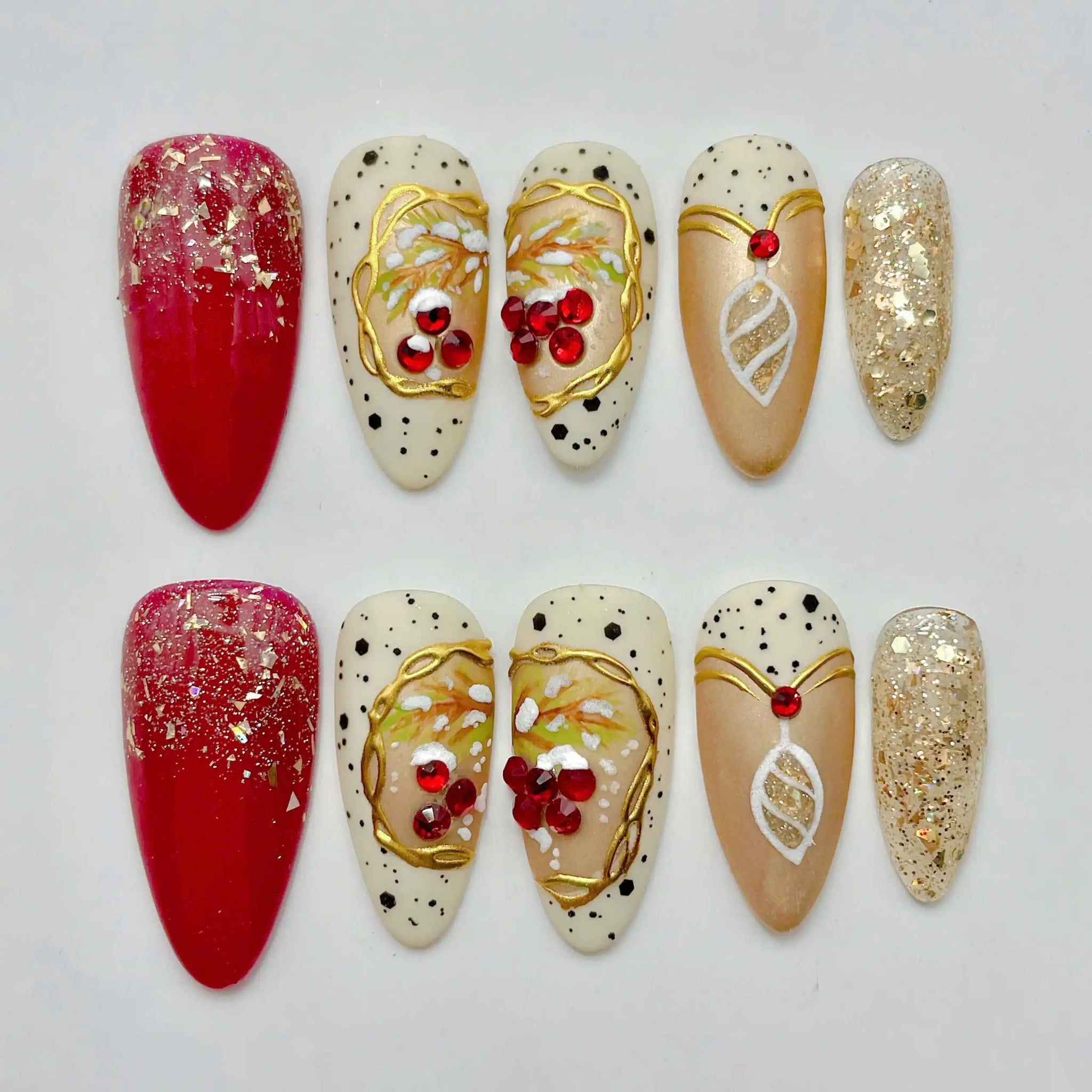 Handmade Christmas Red Gold Glitter Berries Festive Press on Nails Q81
