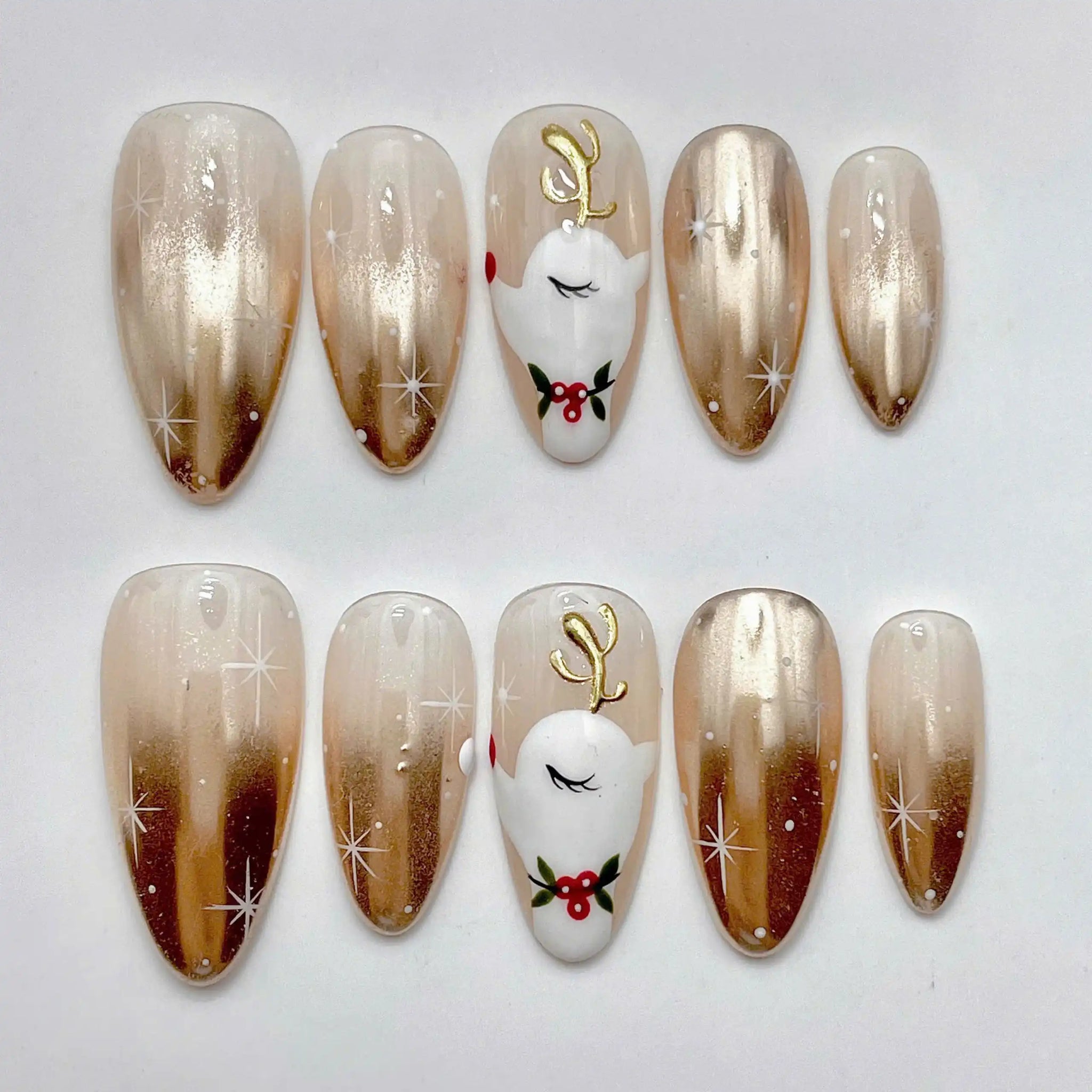 Handmade Christmas Reindeer Gold Metallic Star Festive Press on Nails P35