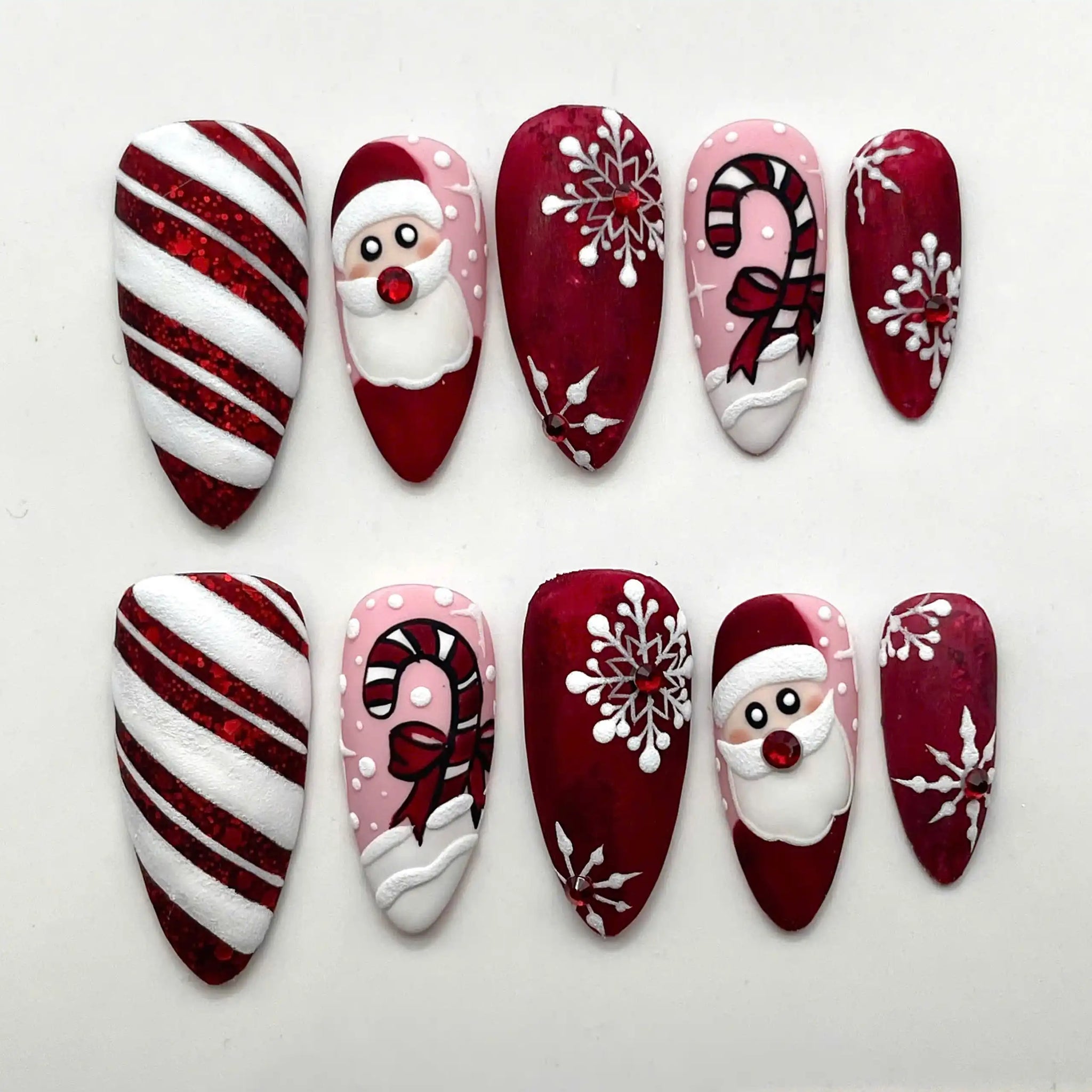 Handmade Christmas Santa Candy Cane Snowflake Red White Press on Nails A35