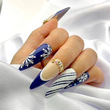 Handmade Christmas Snowflake Blue Gold Rhinestone Luxury Press on Nails K97