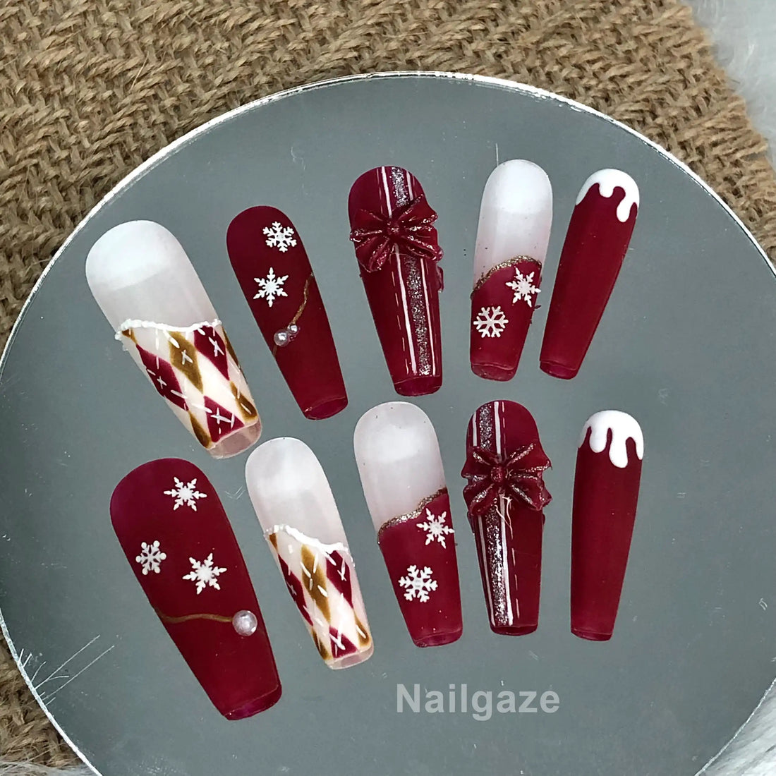 Handmade Christmas Snowflake Bow Red White Holiday Press on Nails Q09