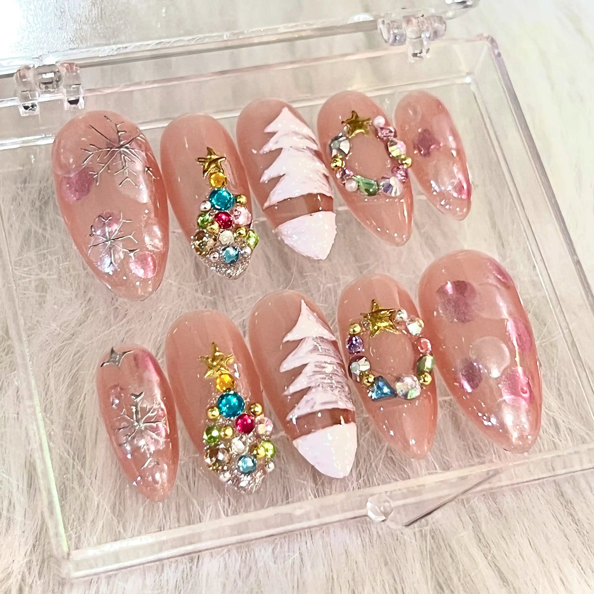 Handmade Christmas Tree Wreath Snowflake Rhinestone Press on Nails V74