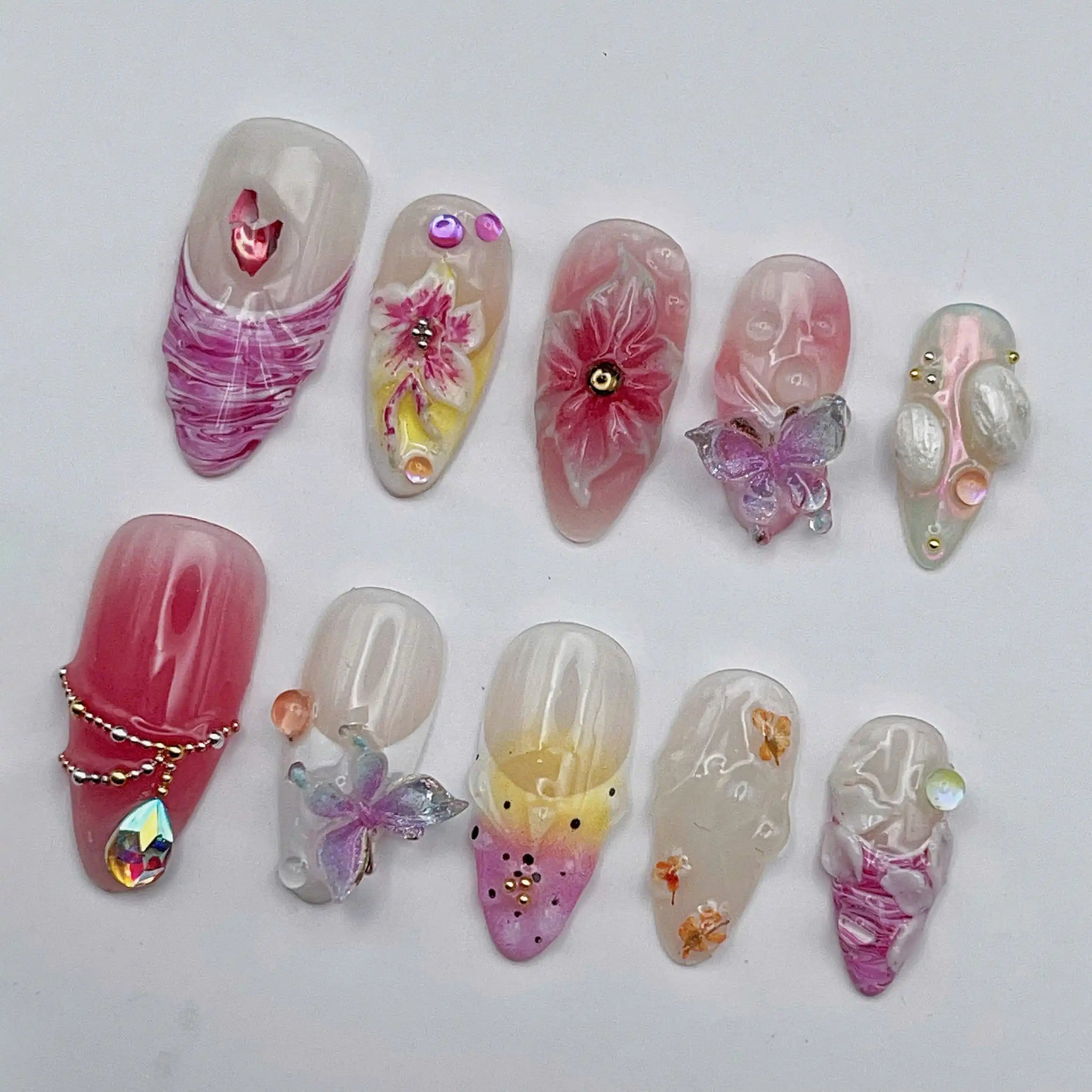 Handmade Fairy Butterfly 3D Flower Pastel Crystal Press on Nails V64