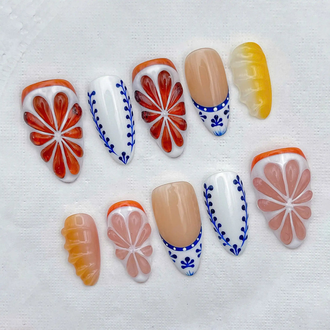 Handmade Citrus Orange Blue Tile Mexican Summer 3D Press on Nails X92