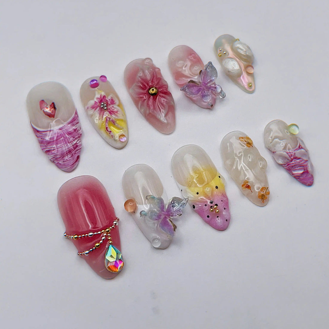 Handmade Fairy Butterfly 3D Flower Pastel Crystal Press on Nails V64