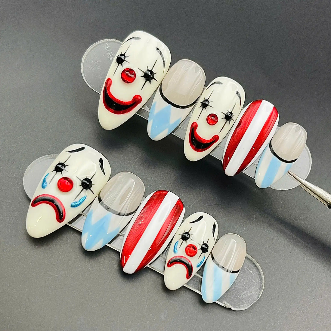 Handmade Clown Circus Spooky Happy Sad Stripe Unique Press on Nails Z86