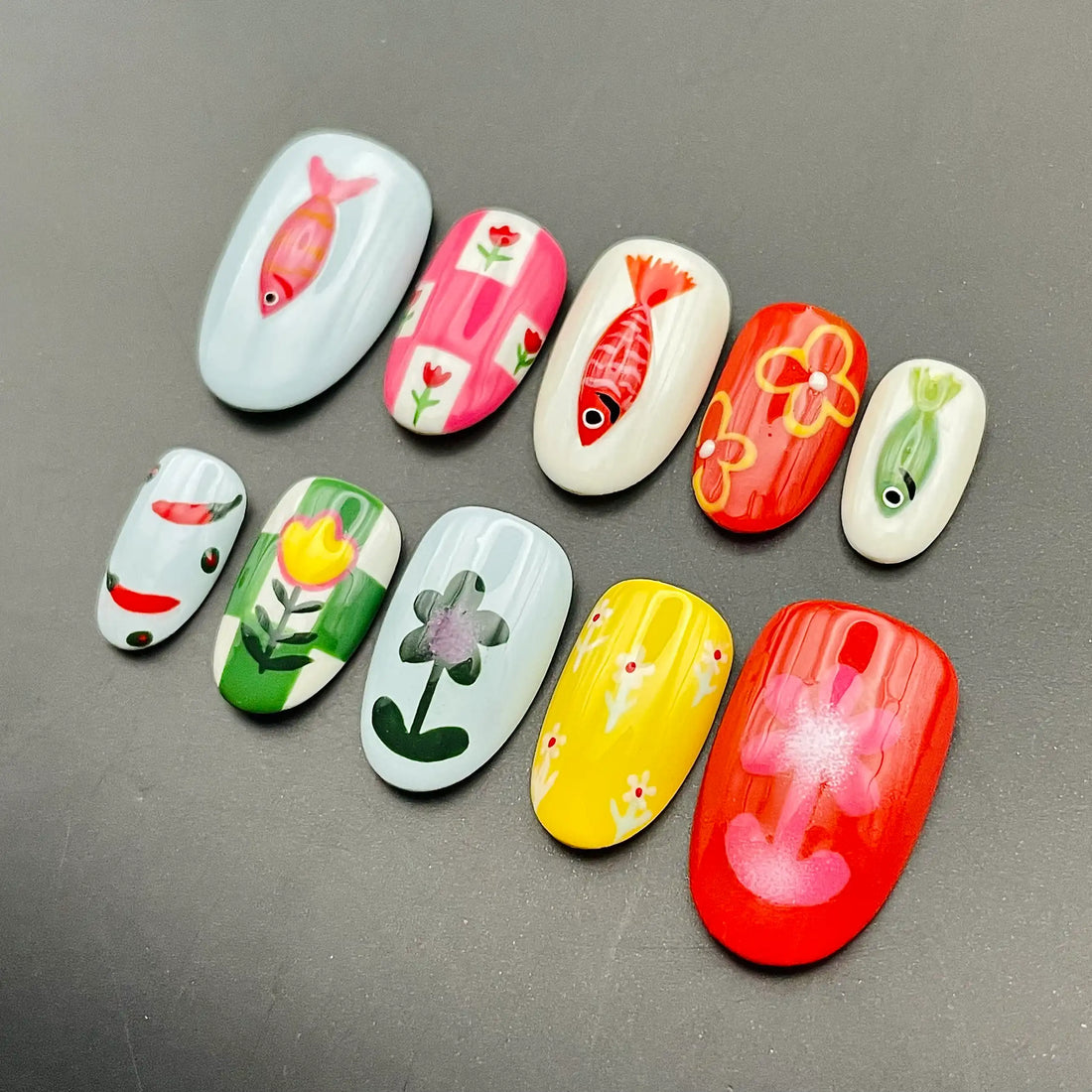 Handmade Colorful Folk Art Fish Flower Chili Unique Press on Nails X54