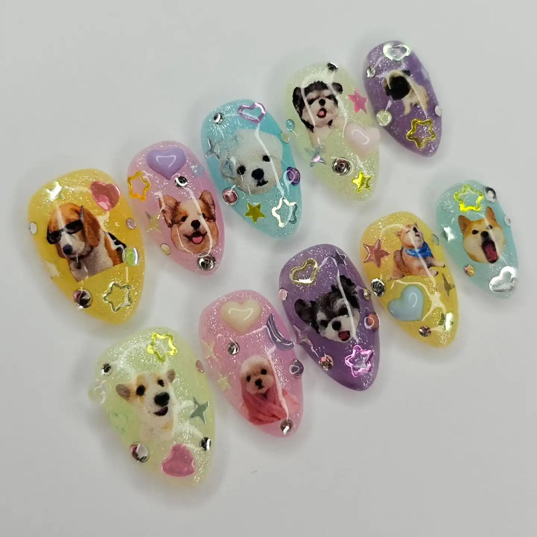 Handmade Cute Dog Puppy Animal Glitter Pastel Star Press on Nails P67