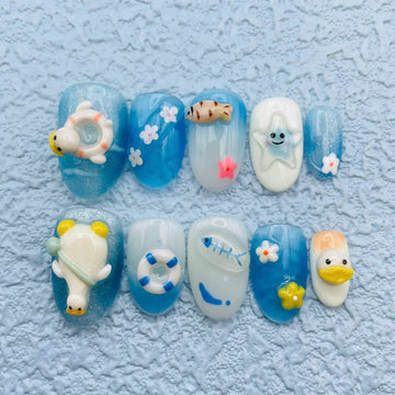 Handmade Cute Rubber Duck Ocean Summer 3D Kawaii Press on Nails K57