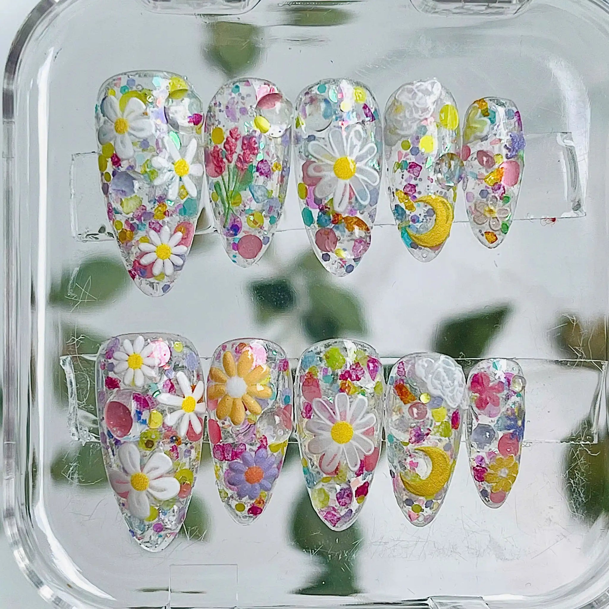Handmade Daisy Flower Glitter Colorful Whimsical Spring Press on Nails K28