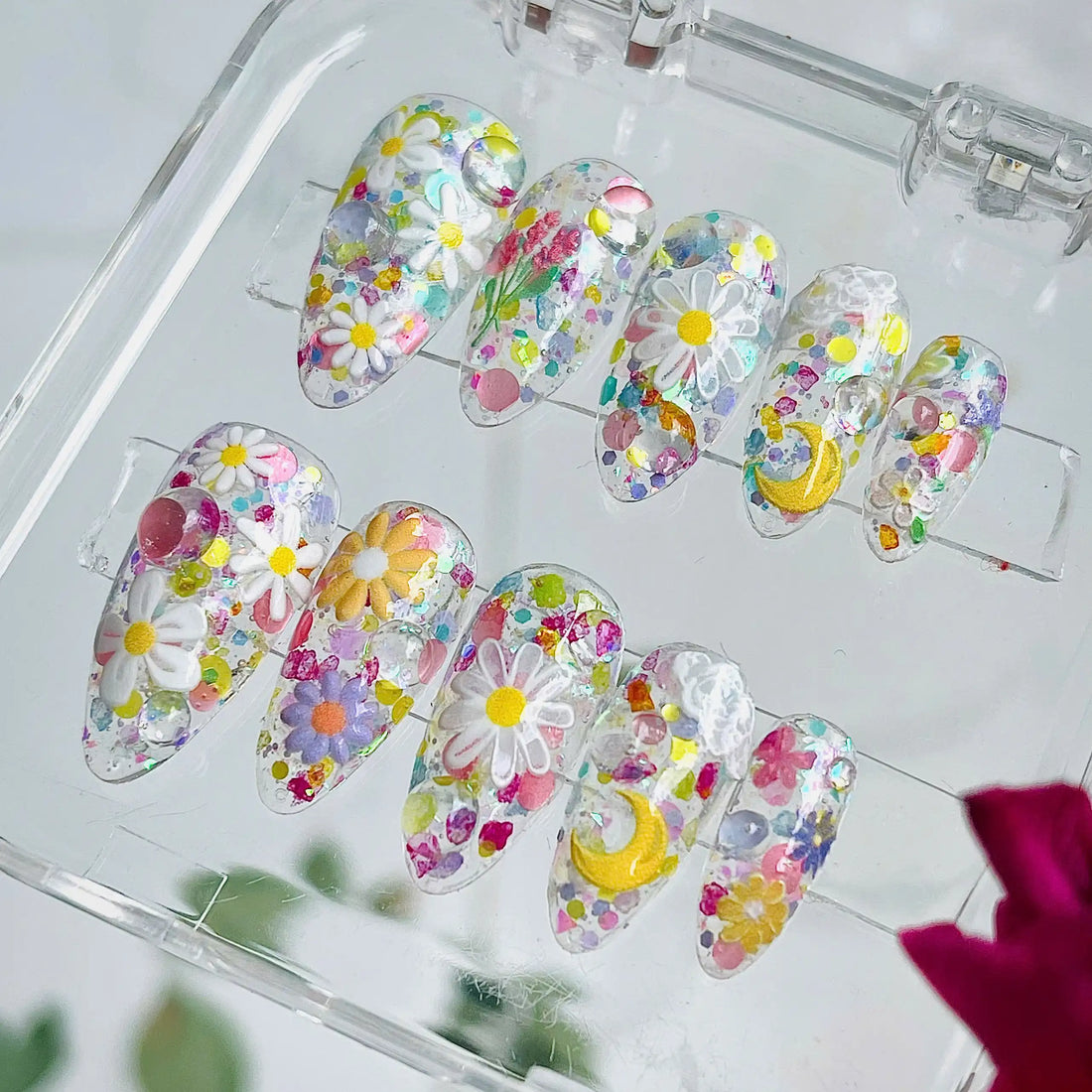 Handmade Daisy Flower Glitter Colorful Whimsical Spring Press on Nails K28