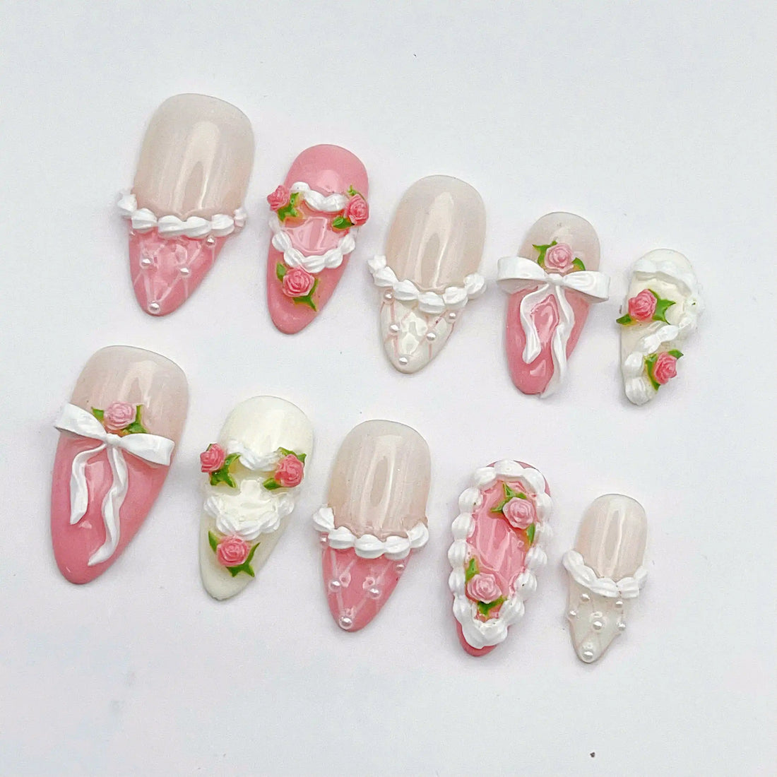 Handmade Dessert Pink White 3D Rose Bow Romantic Press on Nails Z48