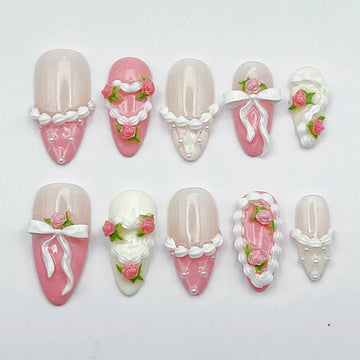 Romantic Dessert | Handmade 3D Rose & Bow Pink Press-On Nails