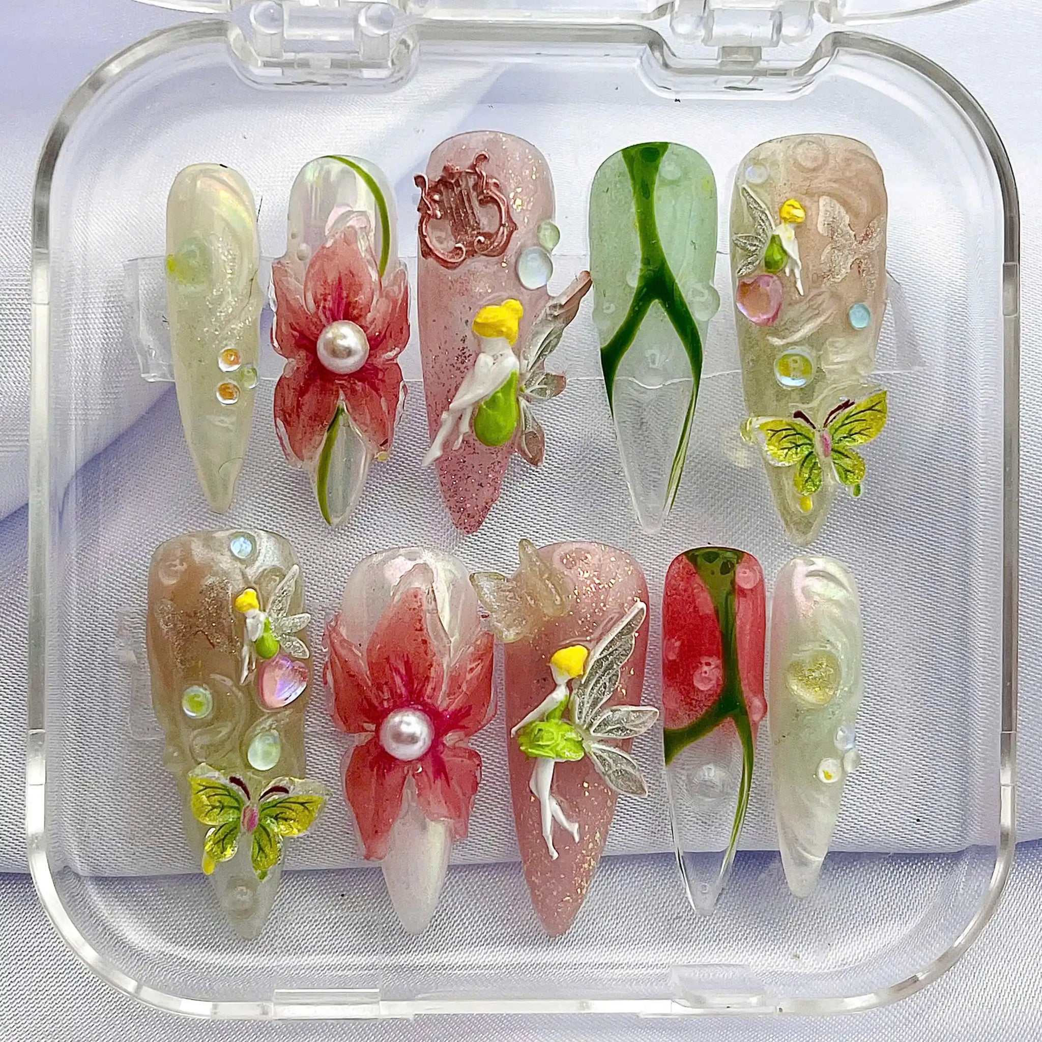 Handmade Fairy Tinker 3D Floral Butterfly Magical Press on Nails W02
