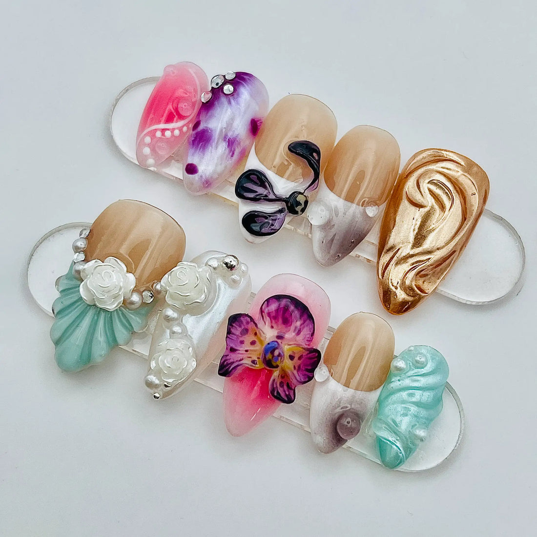 Handmade Floral 3D Orchid Gold Pearl Abstract Artistic Press on Nails M27