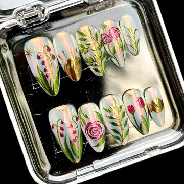 Handmade Floral Rose Tulip Gold Iridescent Spring Elegant Press on Nails G84