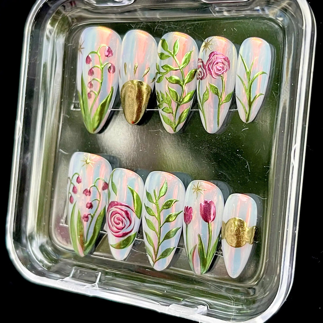 Handmade Floral Rose Tulip Gold Iridescent Spring Elegant Press on Nails G84