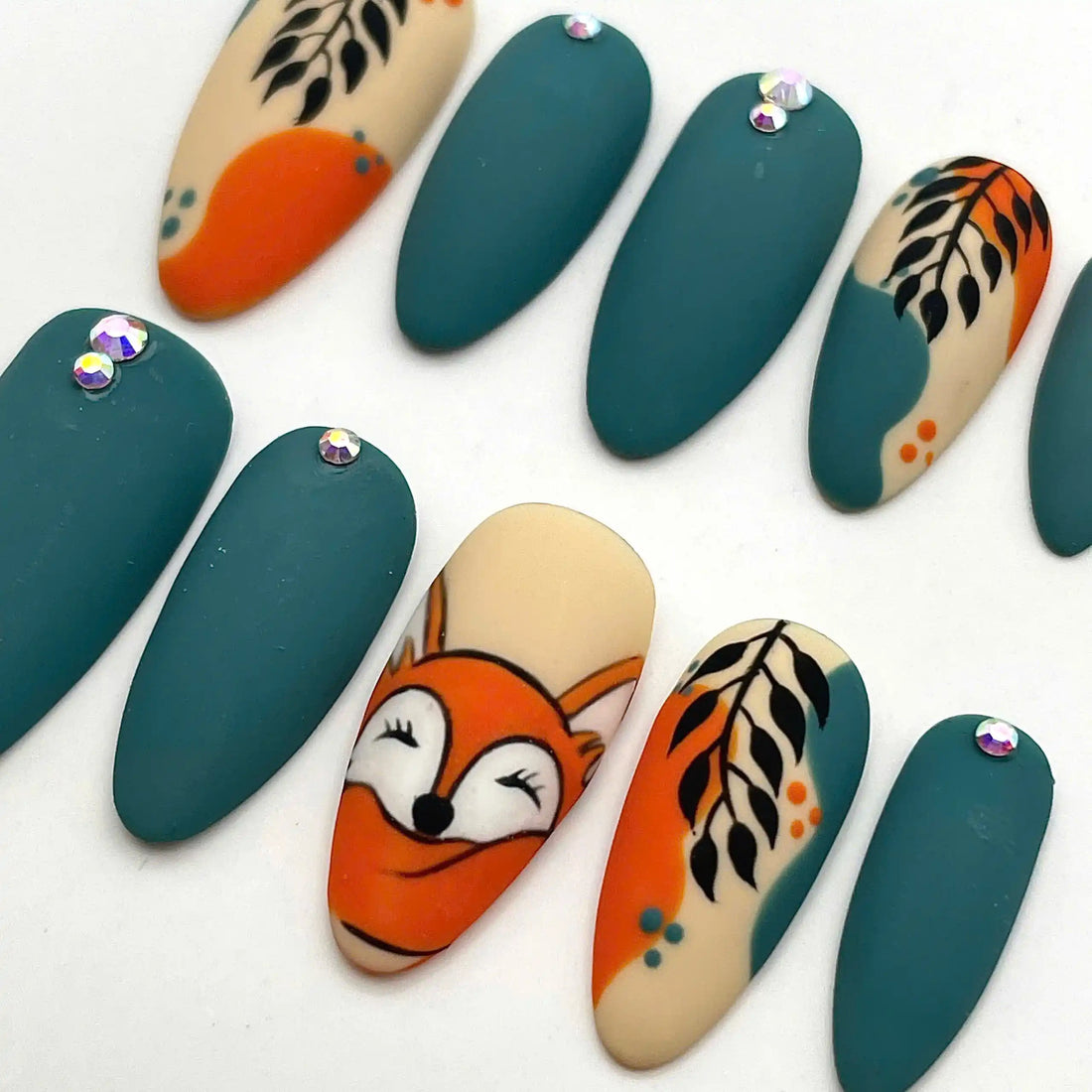 Handmade Fox Autumn Fall Leaves Woodland Teal Orange Press on Nails V17