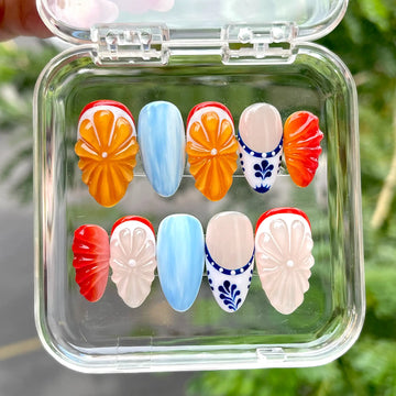 Handmade Fruit Orange Blue White Summer Press on Nails Z08