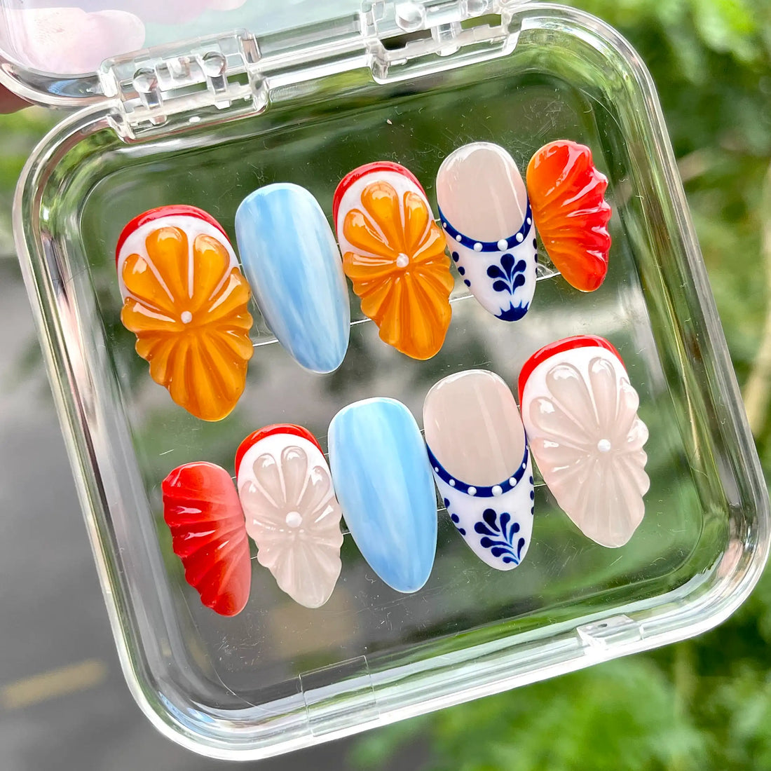 Handmade Fruit Orange Blue White Summer Press on Nails Z08
