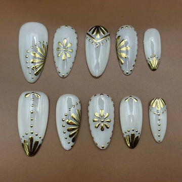 Gilded Elegance | Handmade White & Gold Ornate Press-On Nails