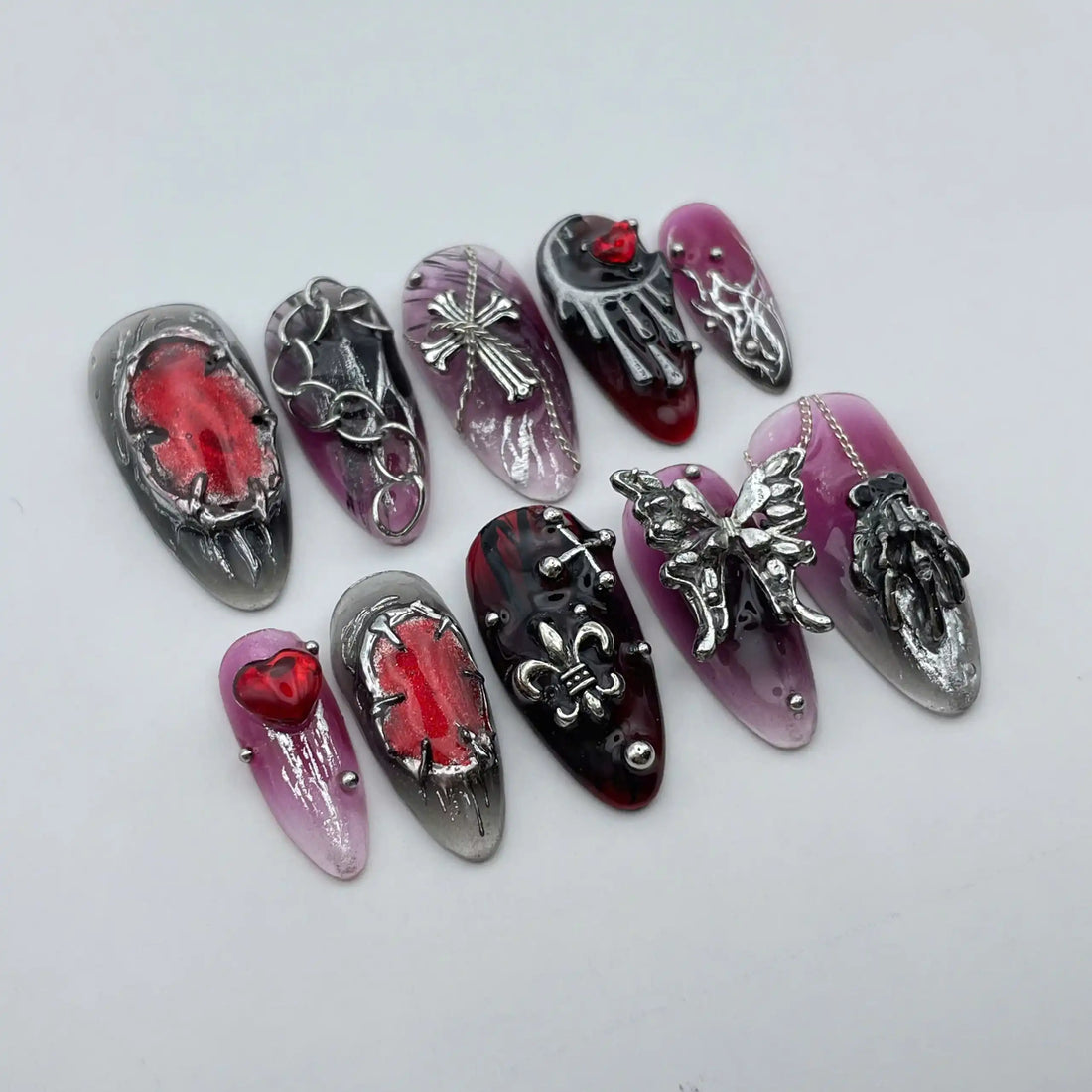 Handmade Gothic Silver Red Heart Cross Butterfly Press on Nails E46