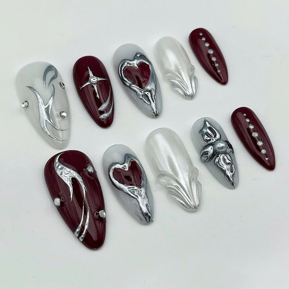 Handmade Gothic Silver Red Heart Star Press on Nails C44
