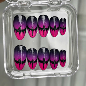 Handmade Halloween Bat Wing Purple Ombre Spooky Press on Nails N14