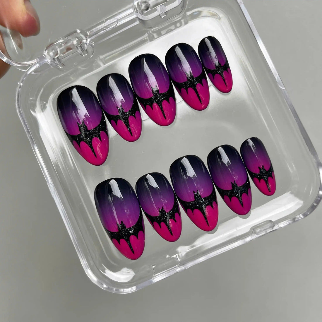 Handmade Halloween Bat Wing Purple Ombre Spooky Press on Nails N14