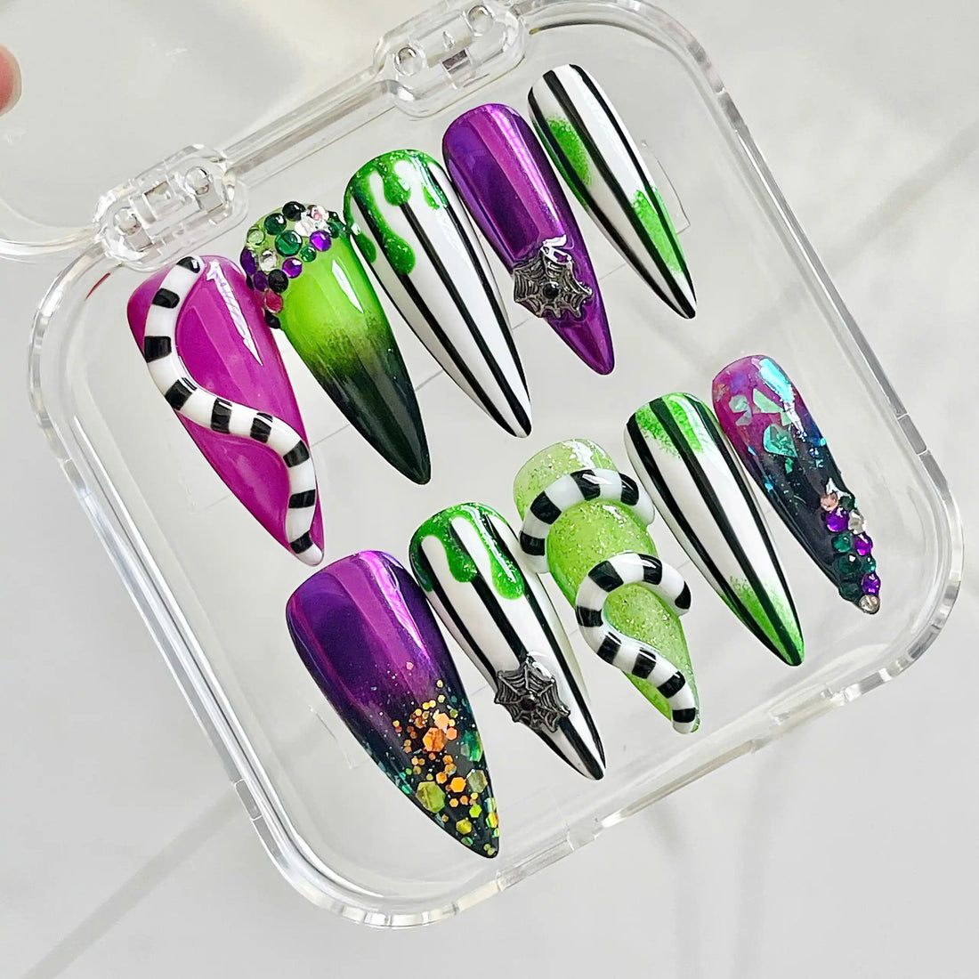 Handmade Halloween Beetle juice Glitter Purple Green Press on Nails U88