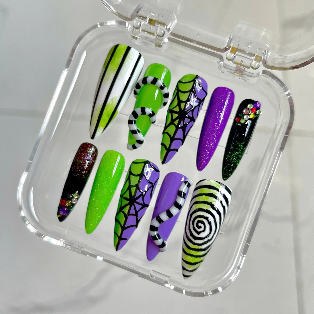 Handmade Halloween Beetle juice Stripe Spiderweb Green Purple Press on Nails D92