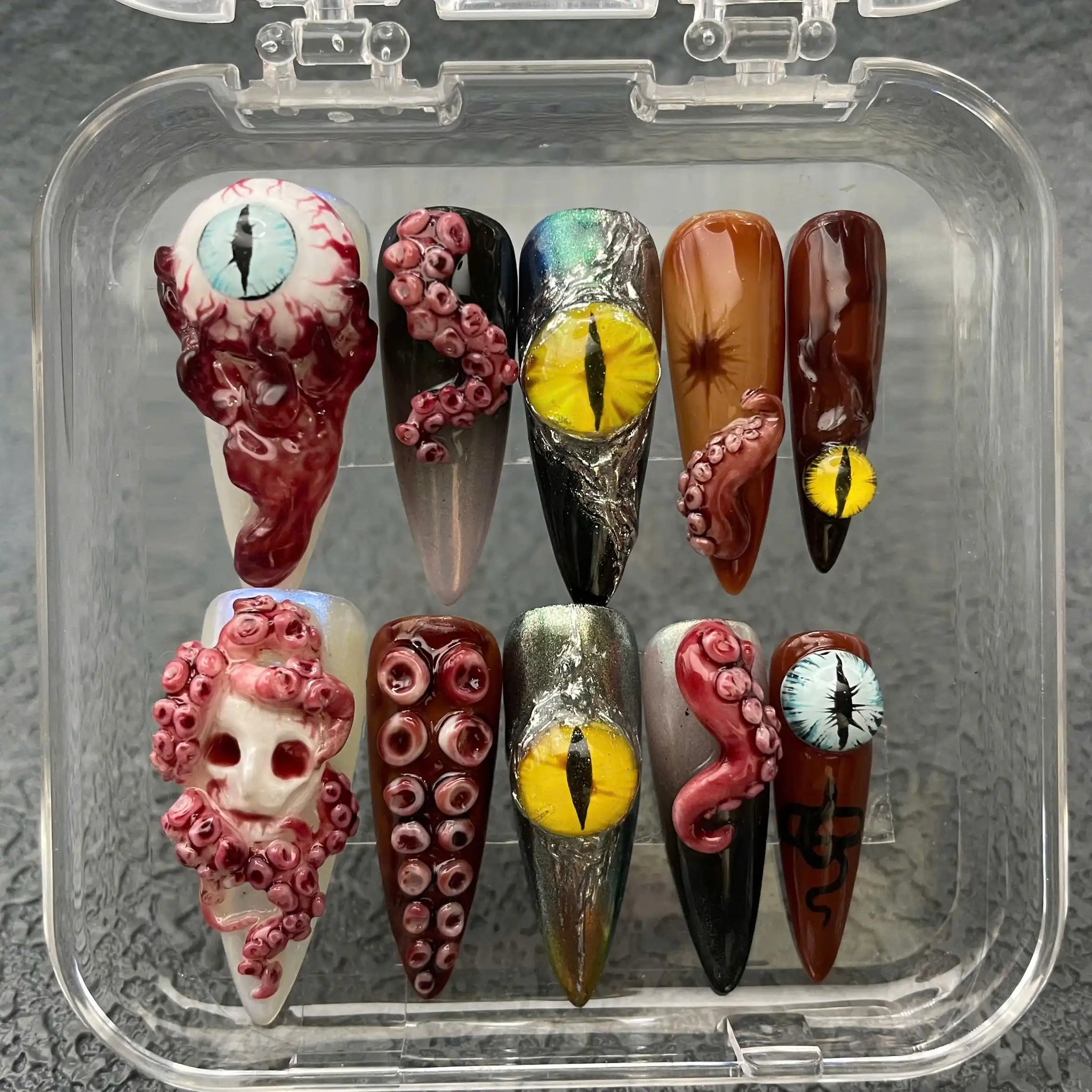 Handmade Halloween Creepy Demon Eye Octopus Skull Horror Unique Press on Nails U82