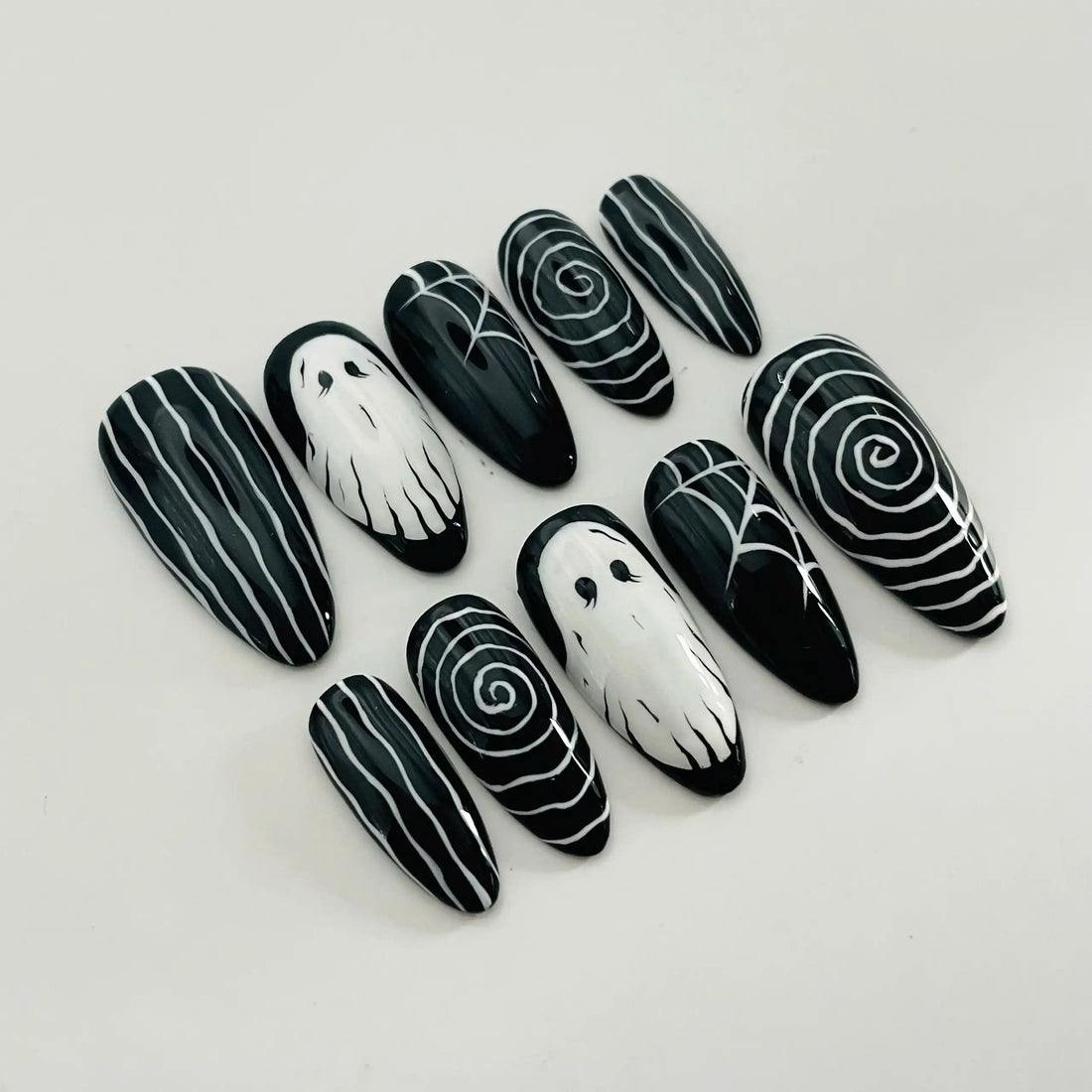 Handmade Halloween Ghost Spider Web Black White Spooky Press on Nails F78