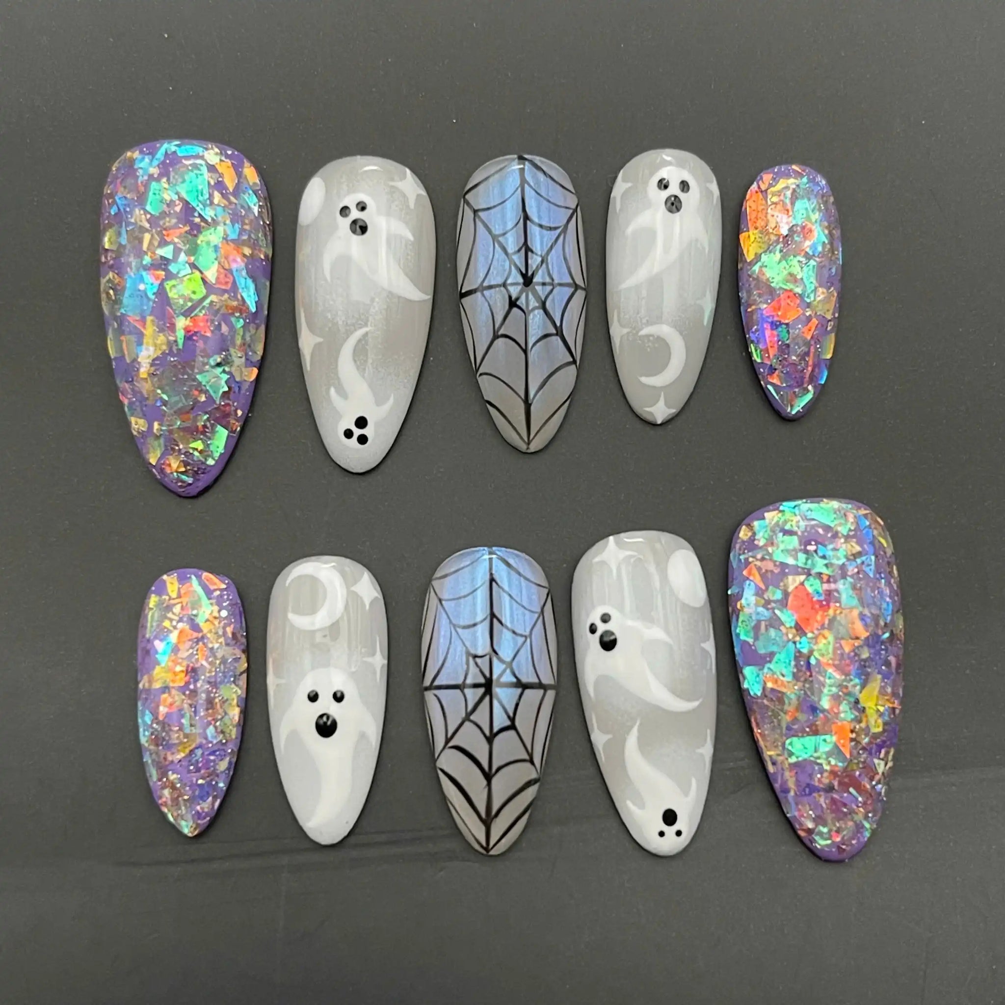 Handmade Halloween Ghost Spider Web Glitter Iridescent Spooky Press on Nails S59
