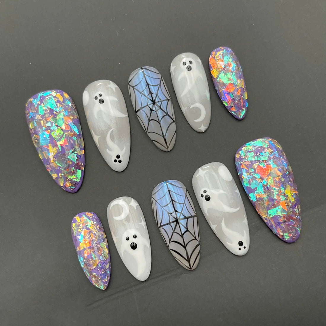 Handmade Halloween Ghost Spider Web Glitter Iridescent Spooky Press on Nails S59