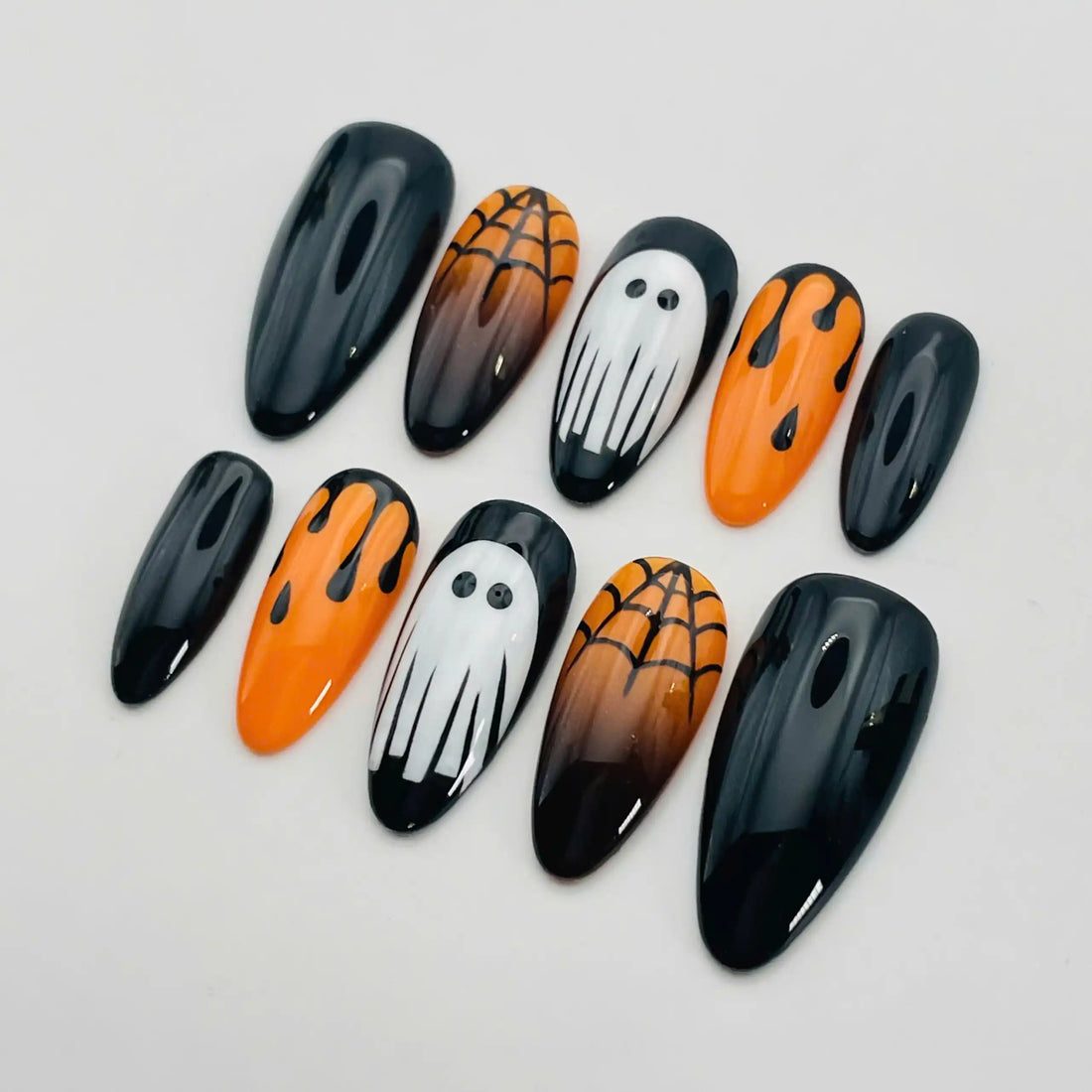 Handmade Halloween Ghost Spider Web Orange Spooky Press on Nails N17